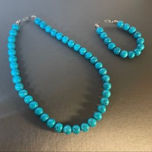 Synthetic Turquoise Aqua Blue Round Bead Necklace Bracelet Jewelry Set Bundle